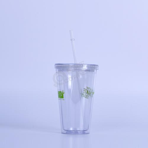 环保双层透明塑料卡纸杯 食品级水杯定制 450ml学生运动吸管杯子